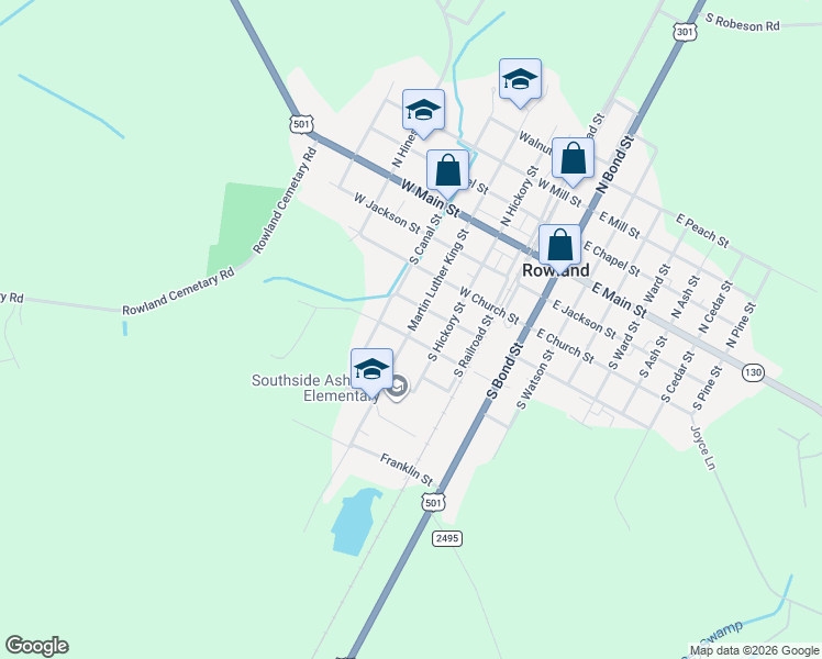 map of restaurants, bars, coffee shops, grocery stores, and more near 213-353 West Cherry Street in Rowland