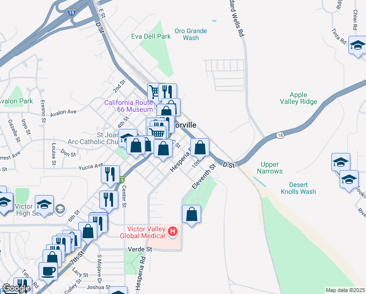 map of restaurants, bars, coffee shops, grocery stores, and more near 15609 Hesperia Road in Victorville