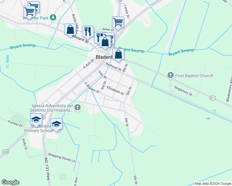 map of restaurants, bars, coffee shops, grocery stores, and more near 502 4th Street in Bladenboro