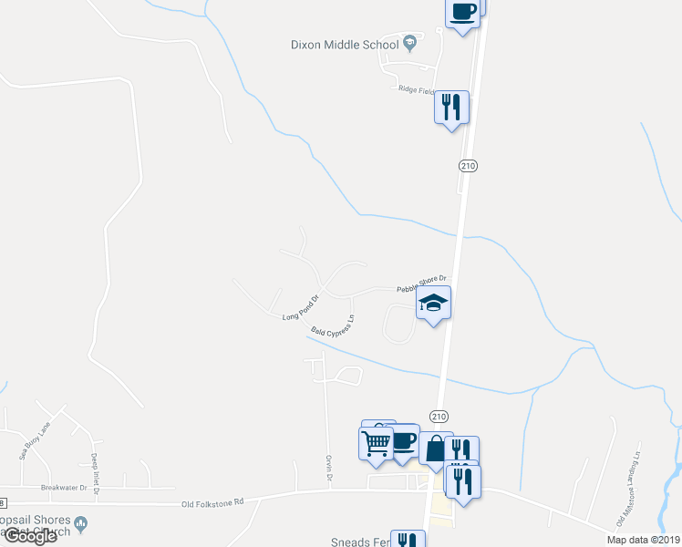map of restaurants, bars, coffee shops, grocery stores, and more near 115 Long Pond Drive in Sneads Ferry