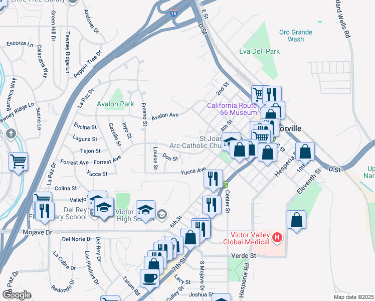 map of restaurants, bars, coffee shops, grocery stores, and more near 16684 Forrest Avenue in Victorville