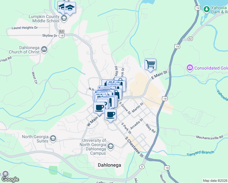map of restaurants, bars, coffee shops, grocery stores, and more near 51 North Grove Street in Dahlonega