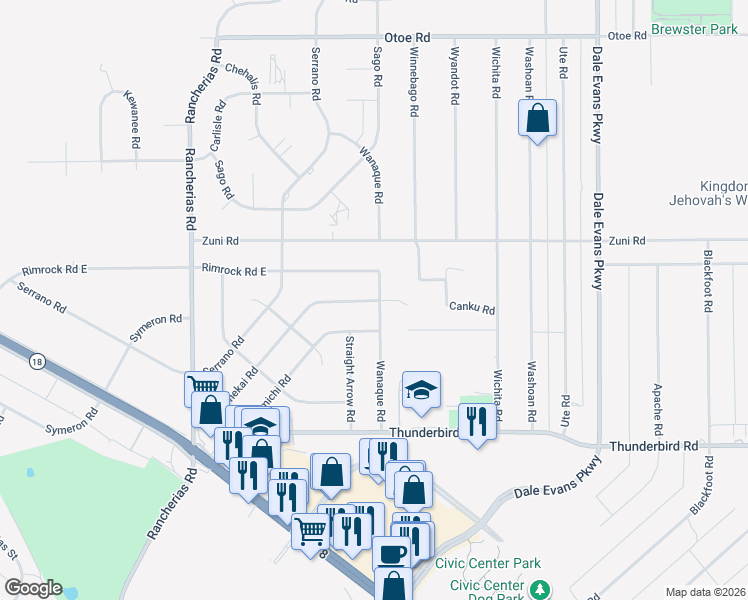 map of restaurants, bars, coffee shops, grocery stores, and more near 15815 Wanaque Road in Apple Valley