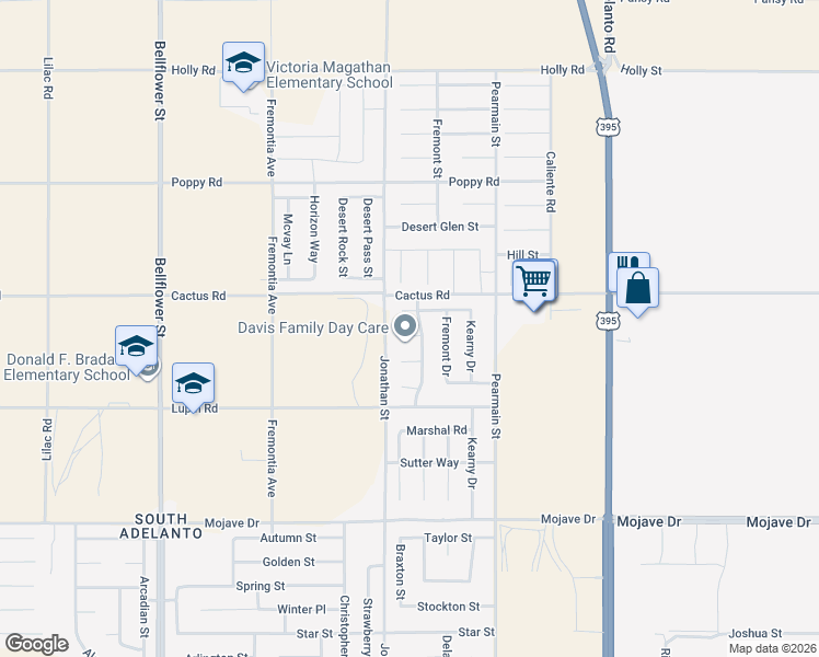 map of restaurants, bars, coffee shops, grocery stores, and more near 11746 Portola Court in Adelanto