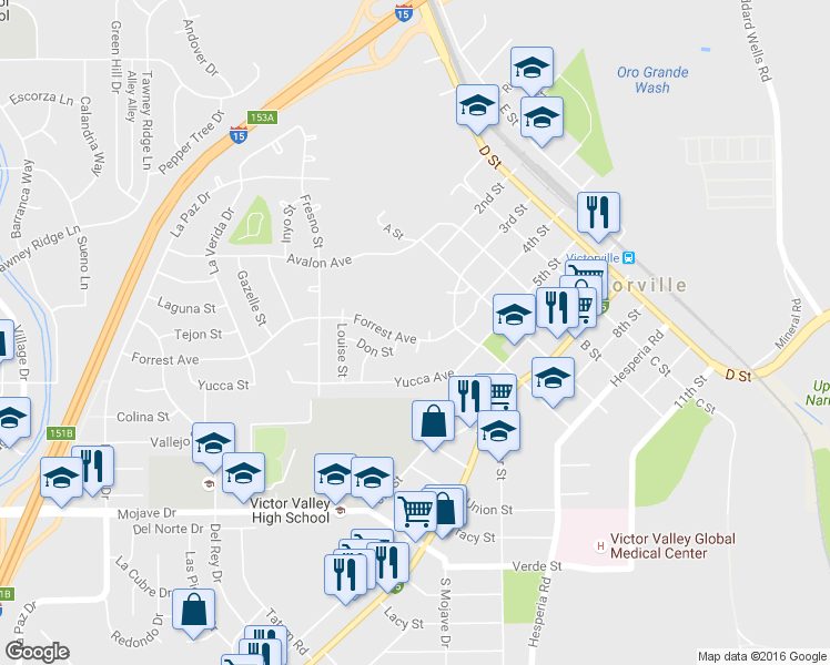 map of restaurants, bars, coffee shops, grocery stores, and more near 16691 Forrest Avenue in Victorville