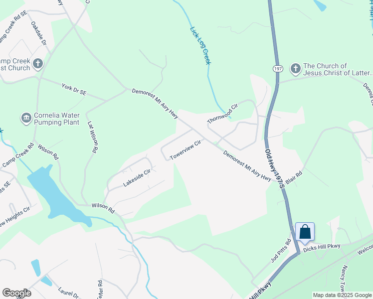 map of restaurants, bars, coffee shops, grocery stores, and more near Towerview Circle in Mount Airy