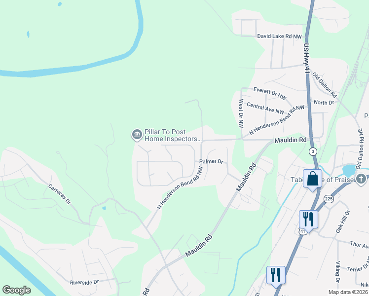 map of restaurants, bars, coffee shops, grocery stores, and more near 108 McGinnis Circle in Calhoun