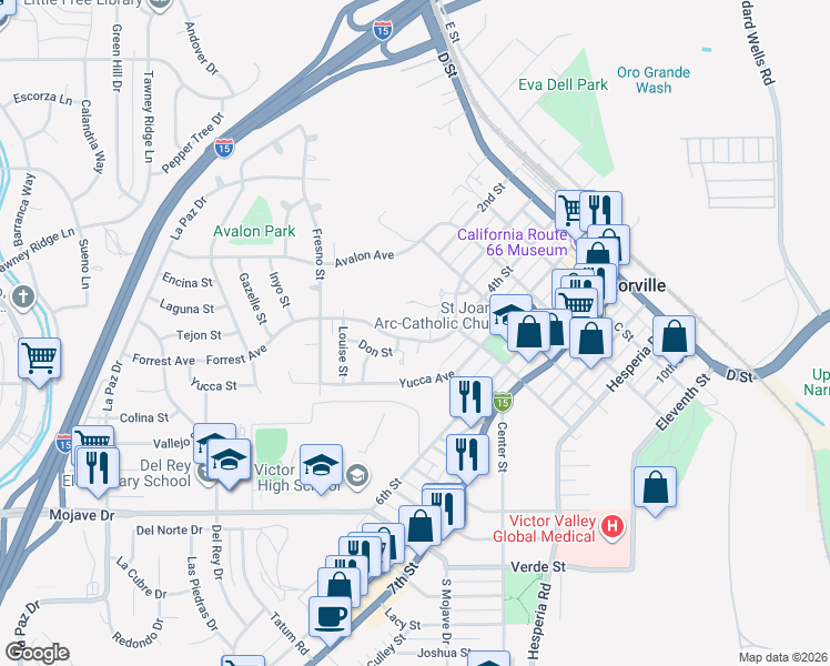 map of restaurants, bars, coffee shops, grocery stores, and more near 16684 Forrest Avenue in Victorville