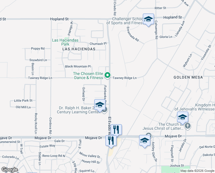 map of restaurants, bars, coffee shops, grocery stores, and more near 15456 El Evado Road in Victorville