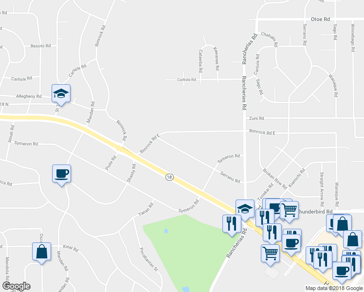 map of restaurants, bars, coffee shops, grocery stores, and more near 19846 Serrano Road in Apple Valley