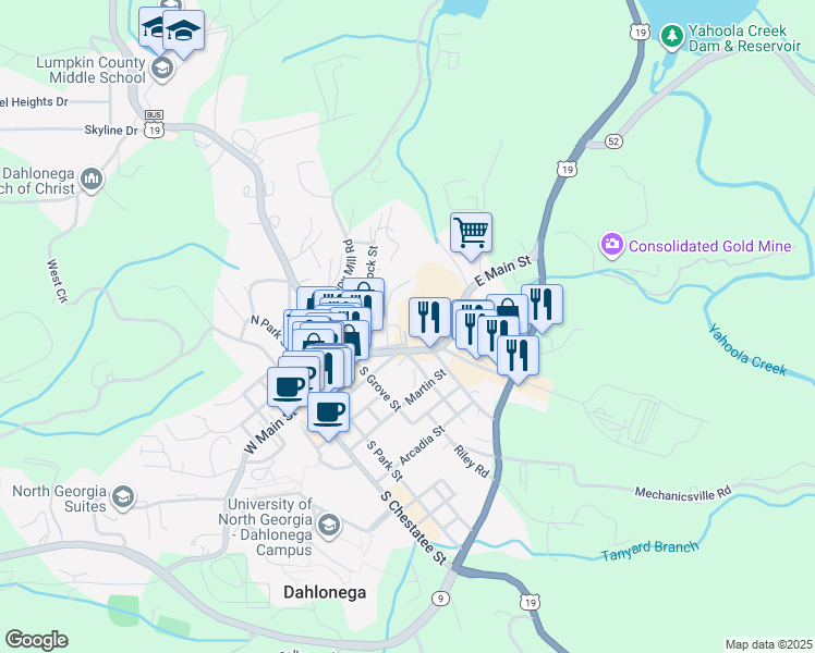 map of restaurants, bars, coffee shops, grocery stores, and more near Courthouse Hill in Dahlonega