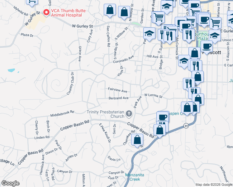 map of restaurants, bars, coffee shops, grocery stores, and more near 520 Franklin Drive in Prescott