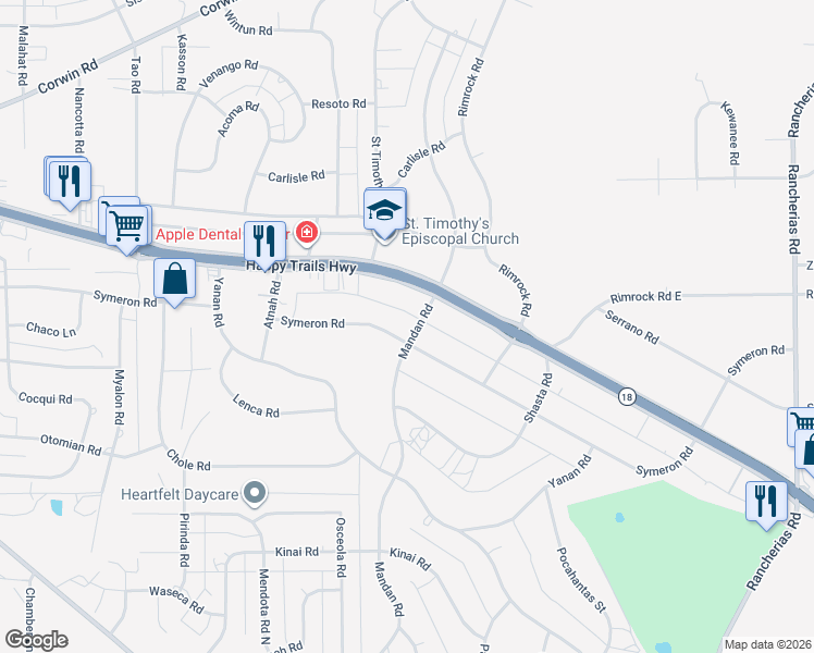 map of restaurants, bars, coffee shops, grocery stores, and more near 19375 Symeron Road in Apple Valley