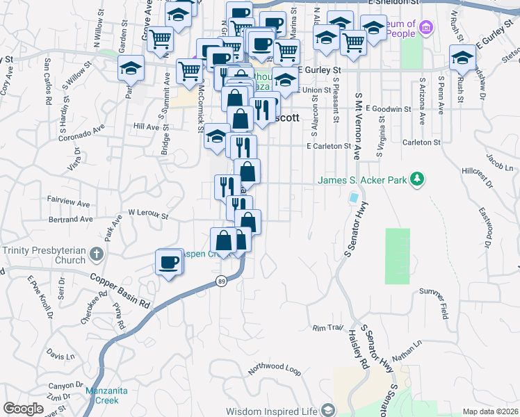 map of restaurants, bars, coffee shops, grocery stores, and more near 435 South Montezuma Street in Prescott