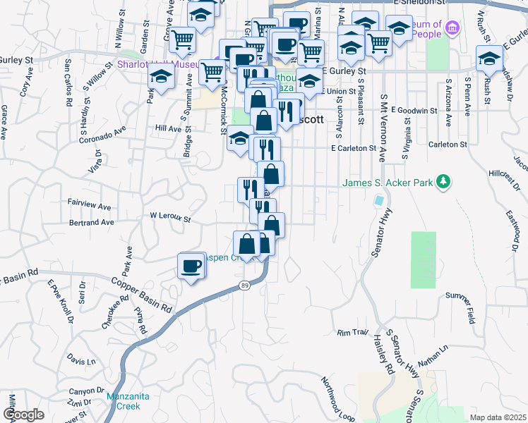 map of restaurants, bars, coffee shops, grocery stores, and more near 435 South Montezuma Street in Prescott