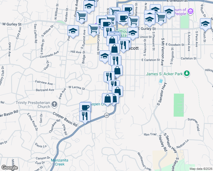 map of restaurants, bars, coffee shops, grocery stores, and more near 220 West Leroux Street in Prescott