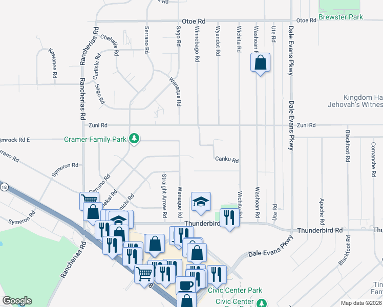 map of restaurants, bars, coffee shops, grocery stores, and more near 15596 Tonekai Road in Apple Valley