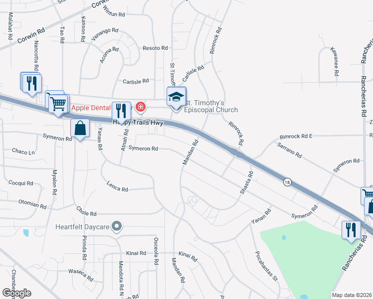 map of restaurants, bars, coffee shops, grocery stores, and more near 19375 Symeron Road in Apple Valley