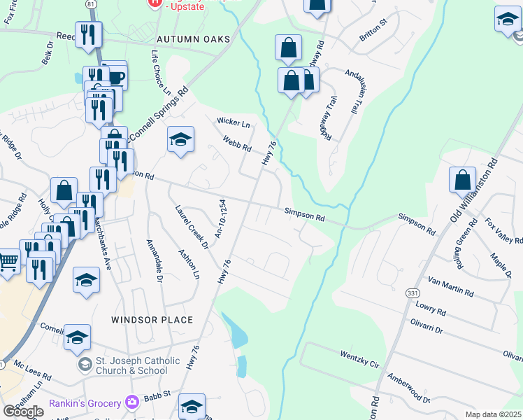 map of restaurants, bars, coffee shops, grocery stores, and more near 420 Simpson Road in Anderson