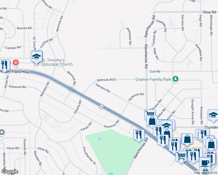 map of restaurants, bars, coffee shops, grocery stores, and more near 19846 Serrano Road in Apple Valley