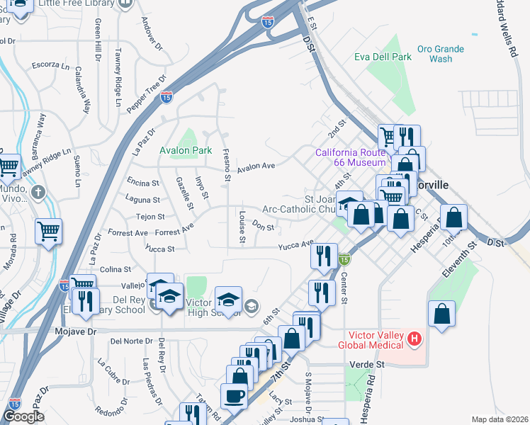 map of restaurants, bars, coffee shops, grocery stores, and more near Forrest Avenue in Victorville