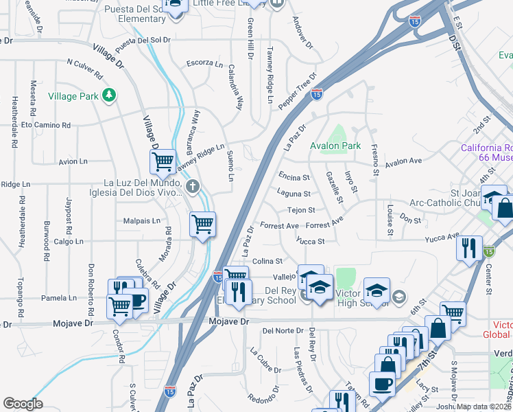 map of restaurants, bars, coffee shops, grocery stores, and more near 15626 La Paz Drive in Victorville