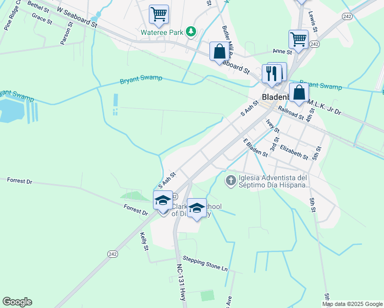 map of restaurants, bars, coffee shops, grocery stores, and more near 509 South Ash Street in Bladenboro