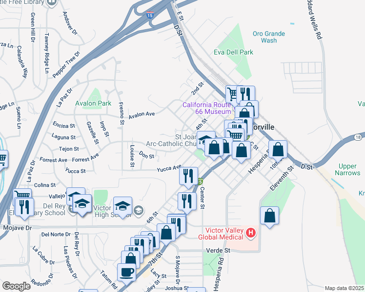 map of restaurants, bars, coffee shops, grocery stores, and more near 13150 3rd Street in Victorville