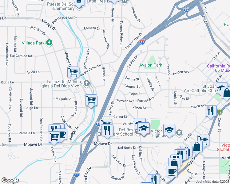 map of restaurants, bars, coffee shops, grocery stores, and more near 15626 La Paz Drive in Victorville