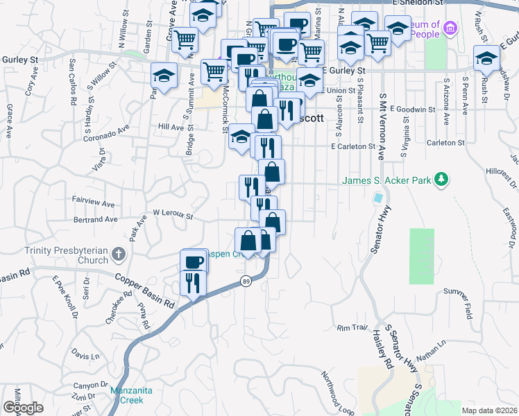 map of restaurants, bars, coffee shops, grocery stores, and more near 436 South Montezuma Street in Prescott