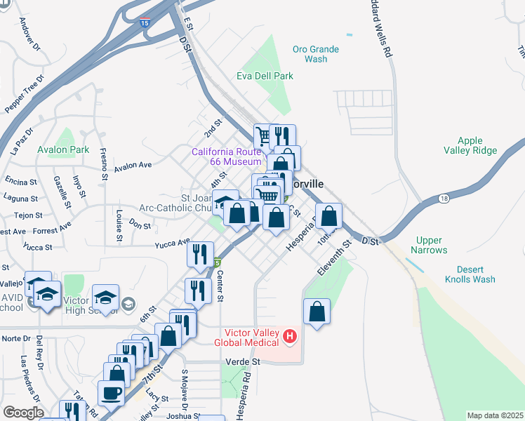 map of restaurants, bars, coffee shops, grocery stores, and more near 15520 7th Street in Victorville