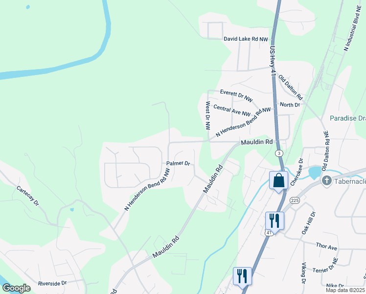 map of restaurants, bars, coffee shops, grocery stores, and more near 120 Vickery Lane in Calhoun