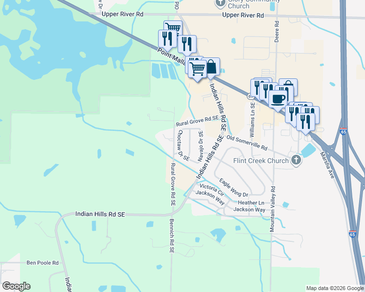 map of restaurants, bars, coffee shops, grocery stores, and more near 3716 Choctaw Drive Southeast in Decatur