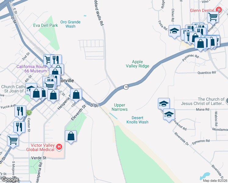 map of restaurants, bars, coffee shops, grocery stores, and more near 17442 D Street in Victorville