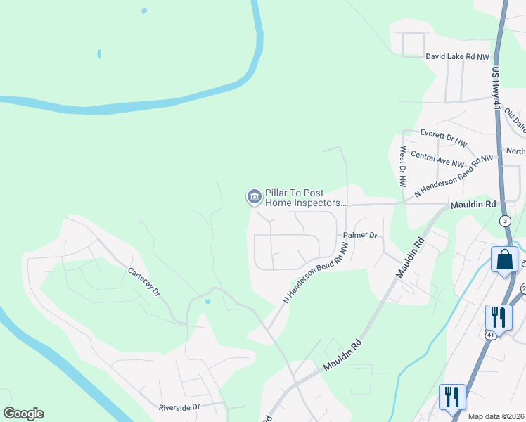map of restaurants, bars, coffee shops, grocery stores, and more near McEntyre Court in Calhoun