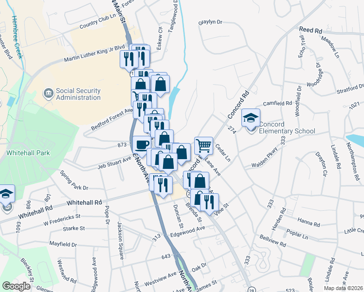 map of restaurants, bars, coffee shops, grocery stores, and more near 208 Pine Lane in Anderson
