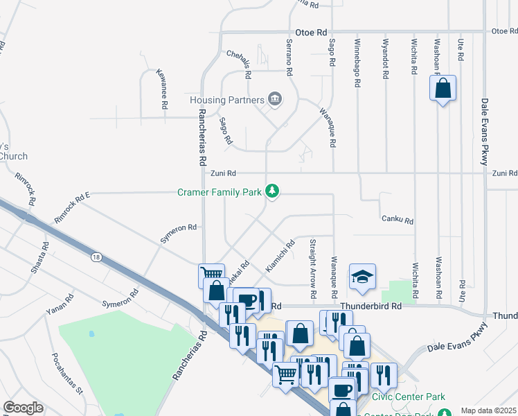 map of restaurants, bars, coffee shops, grocery stores, and more near 20250 Serrano Road in Apple Valley