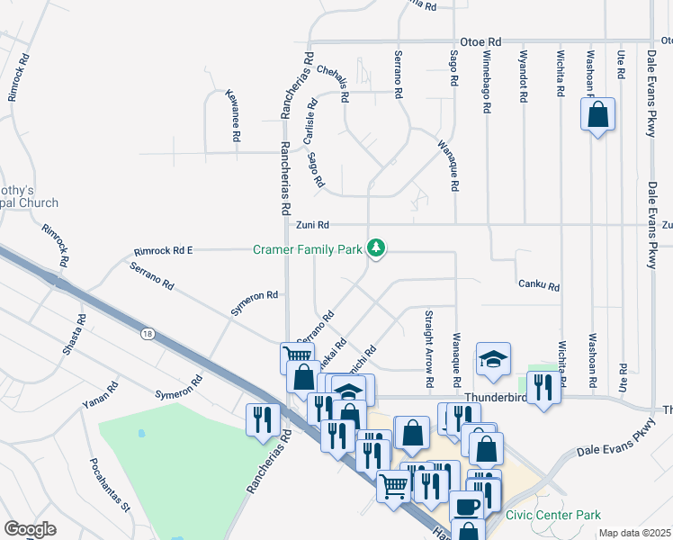 map of restaurants, bars, coffee shops, grocery stores, and more near 20232 Pawhuska Road in Apple Valley
