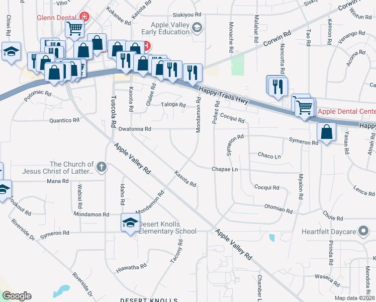 map of restaurants, bars, coffee shops, grocery stores, and more near 18410 Chapae Lane in Apple Valley