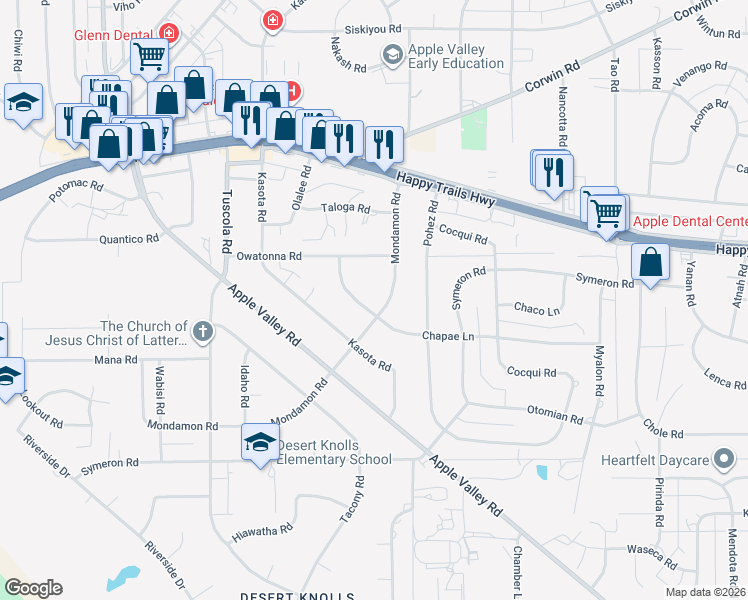 map of restaurants, bars, coffee shops, grocery stores, and more near 18410 Chapae Lane in Apple Valley