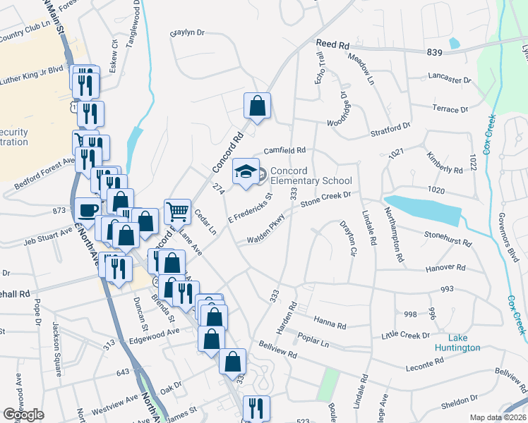 map of restaurants, bars, coffee shops, grocery stores, and more near 513 Walden Parkway in Anderson