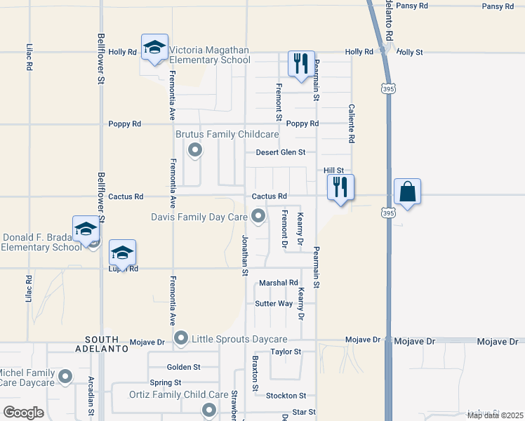 map of restaurants, bars, coffee shops, grocery stores, and more near 11759 Dana Drive in Adelanto