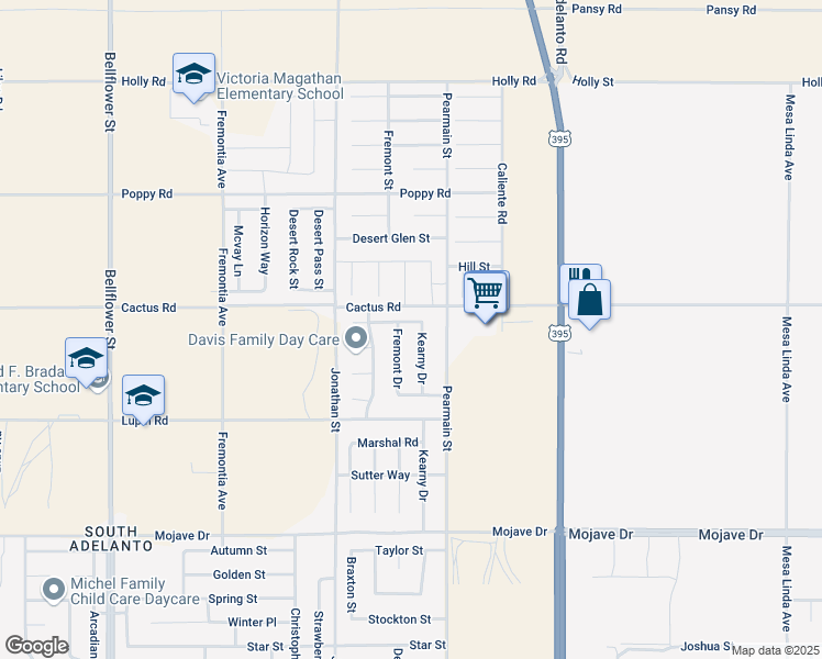map of restaurants, bars, coffee shops, grocery stores, and more near 15634 Kearny Drive in Adelanto