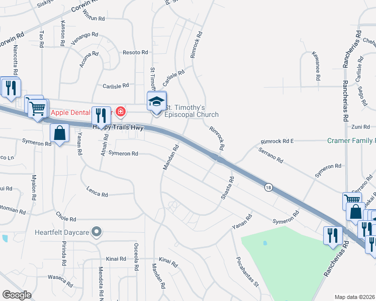 map of restaurants, bars, coffee shops, grocery stores, and more near 19515 California 18 in Apple Valley