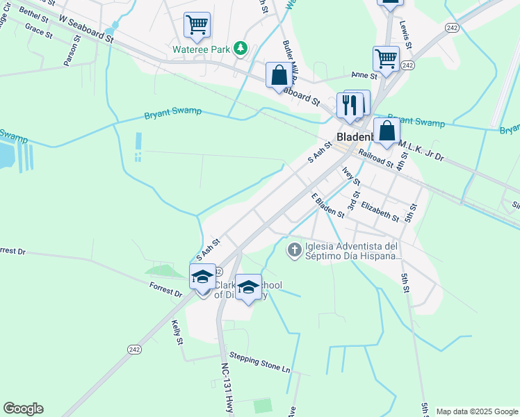 map of restaurants, bars, coffee shops, grocery stores, and more near 111 West Poplar Street in Bladenboro