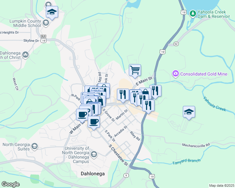 map of restaurants, bars, coffee shops, grocery stores, and more near Courthouse Hill in Dahlonega
