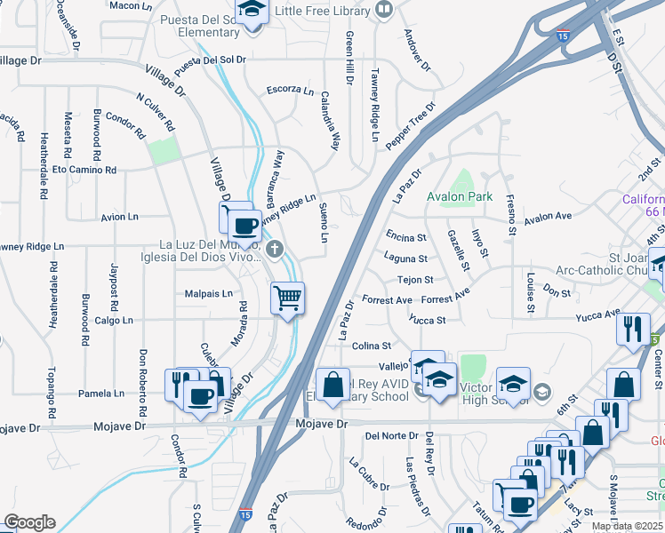 map of restaurants, bars, coffee shops, grocery stores, and more near 15643 Sueno Lane in Victorville