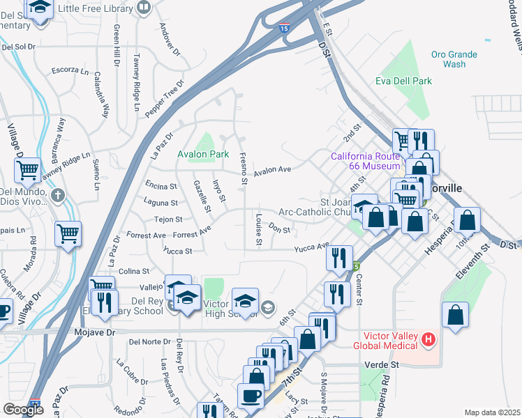 map of restaurants, bars, coffee shops, grocery stores, and more near 16590 Forrest Avenue in Victorville