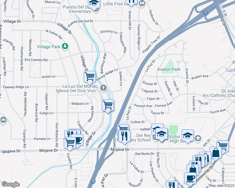 map of restaurants, bars, coffee shops, grocery stores, and more near 15635 Sueno Lane in Victorville