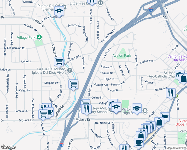 map of restaurants, bars, coffee shops, grocery stores, and more near 15607 La Paz Drive in Victorville